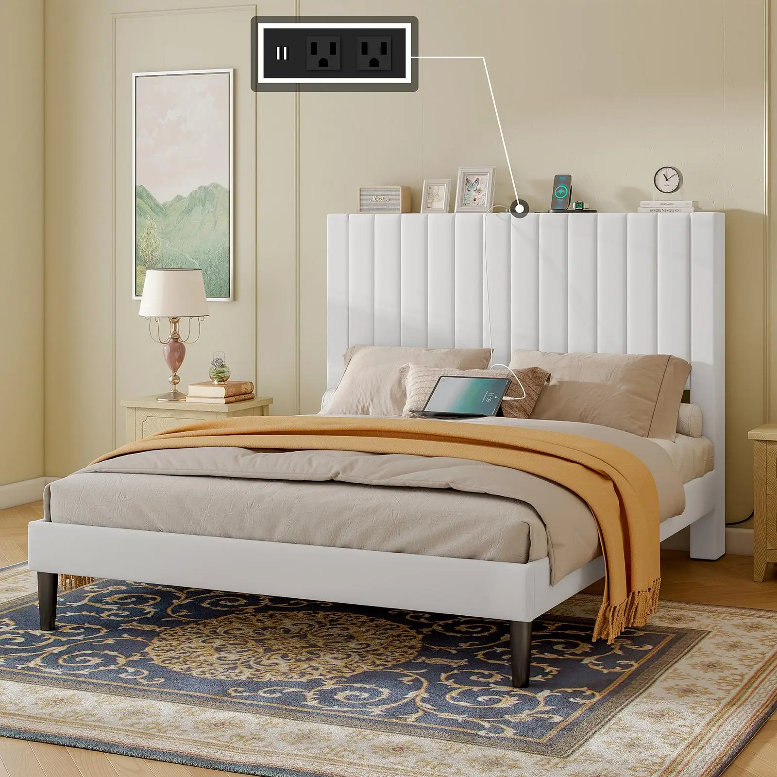 [Restock Sale] AMERLIFE Bed Frame with Velvet Upholstered Tufted Headboard and Charging Station, Modern Bed Kids, Interior Wooden Slats Support, Mattr