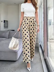 Vintage French Lazy Polka Dot High-Waisted Wide-Leg Pants, Beige Retro Casual Trousers Y2K Coquette, Elastic Fit, Versatile Drape, Womenswear