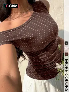Women's Summer Polka Dot Top, Asymmetrical One Shoulder Ruched Fitted Shirt, Casual Fashion Blouse for Daily Wear, Womenswear, Casual Chic
