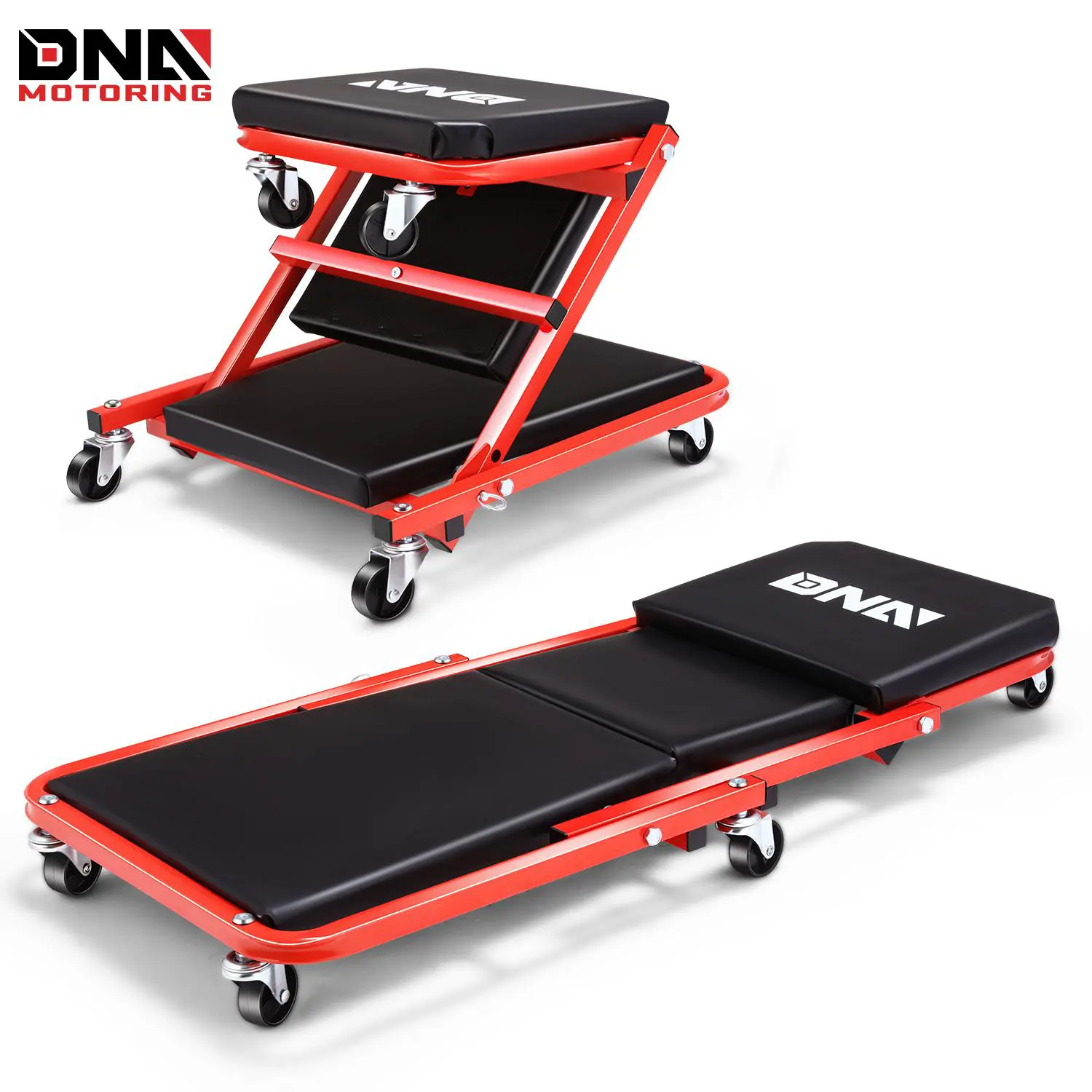 DNA MOTORING 36 in 2-in-1 Z Creeper Seat, Rolling Folding Mechanic Creeper Stool with 6 Wheels, 330 lbs Capacity for Garage Auto Repair