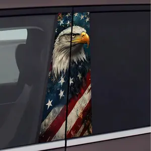 A Pair of Luxurious 2pcs Car Pillar Stickers Featuring a Close-Up of a Bald Eagle'S Head Against The Backdrop of The American Flag. These Protective Stickers Are Suitable for Glass, Metal, Plastic, Ceramic, And Wooden Surfaces. The Car Decals Are Themed A