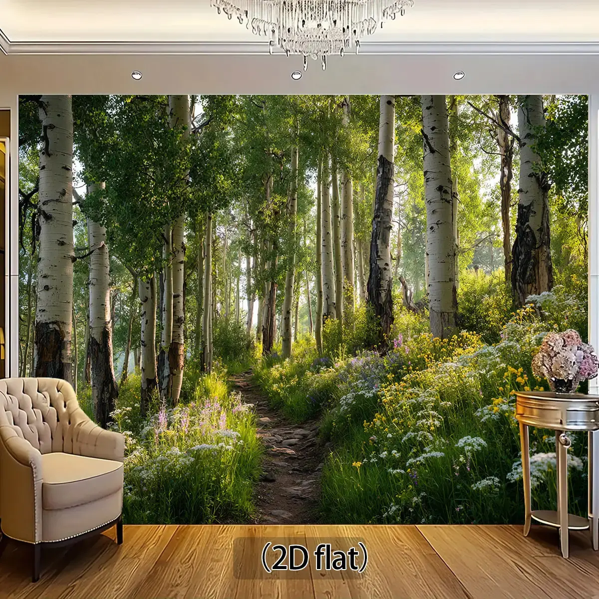 2D Flat, 1pc Birch Forest Path with Wildflowers and Sunlight Themed Backdrop Tapestry for Nature Scenic Outdoor Photography & Studio Décor – High-Quality Landscape Wall Art Hanging, Ideal for Photoshoots, Home Decoration, Events, Parties, Weddings & More