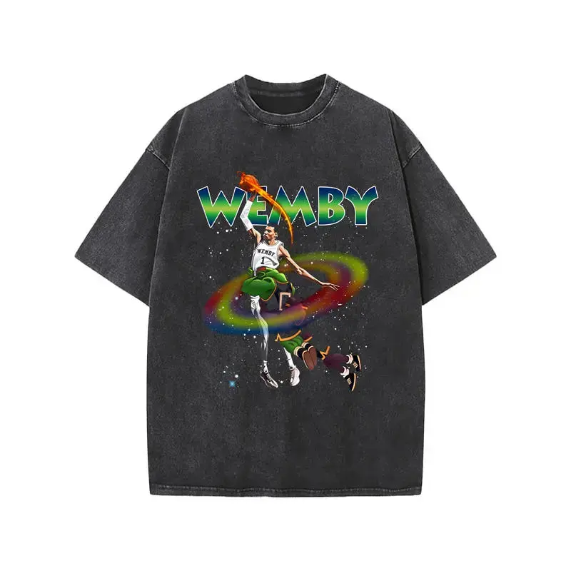Wemby Basketball Player Graphic T-Shirt | Vintage Washed Retro Streetwear Oversized Tee | Unisex Cotton Crew Neck | Sports Fan Gift