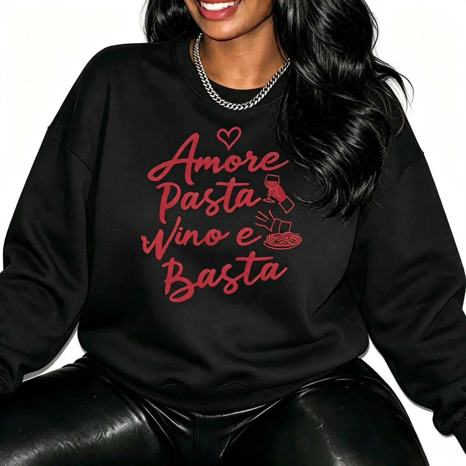 Amore Pasta Wino E Basta Back Print Italian Food Wine Lover Oversized Crew Neck Sweatshirt Long Sleeve Pullover Italian Quote Graphic Stylish Casual Comfort