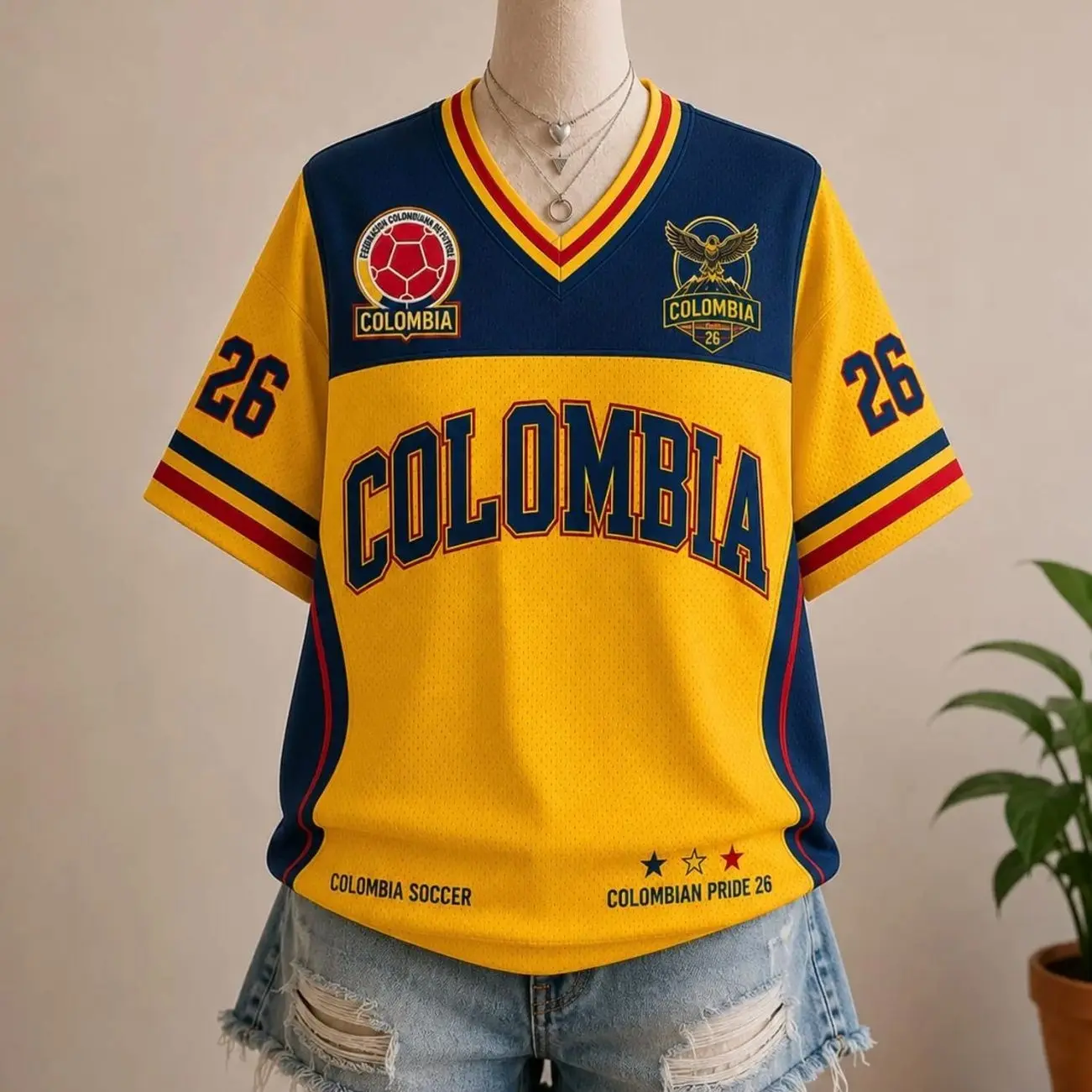 Custom Colombia Soccer Jersey - Personalized Retro Striped Short-Sleeve Breathable Mesh V-Neck Sporty Chic Team Shirt for Fans, Game Day Outfits Short Sleeve Tops, Multi-Size, Cold Wash Compatible, All-Over Print, Unisex Fit