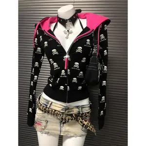 2000s Y2k Gothic Punk Skeleton Print Cardigan Contrast Hooded Sweatshirt Jacket Women Spring Autumn 2025 New Slim Fit Black Tops