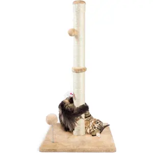 32” Tall Cat Scratching Post for Indoor Cats – Heavy Duty Sisal Cat Scratcher with Plush Toys & Stable Base, Interactive Cat Tower for Kittens & Adult Cats (Beige)