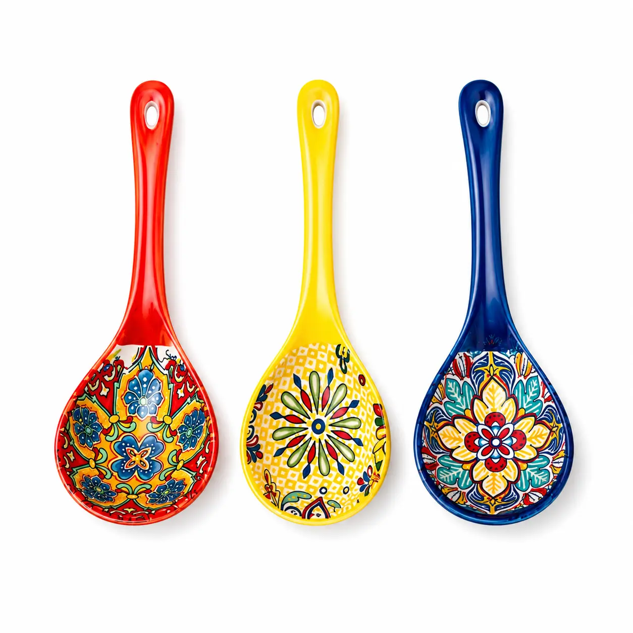 Bohemian Ceramic Soup Spoon Set, Colorful Kitchen Utensils, Large Household Serving Spoons, Ramen Soup Spoons, Microwave & Oven Safe, Ideal for Soup, Noodles and Dinner Serving, 3pcs