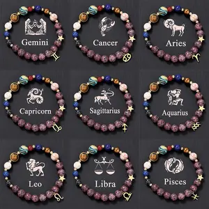 12 Zodiac Signs Couple Bracelet - Handmade Natural Stone Beaded Jewelry with Stainless Steel Pendant