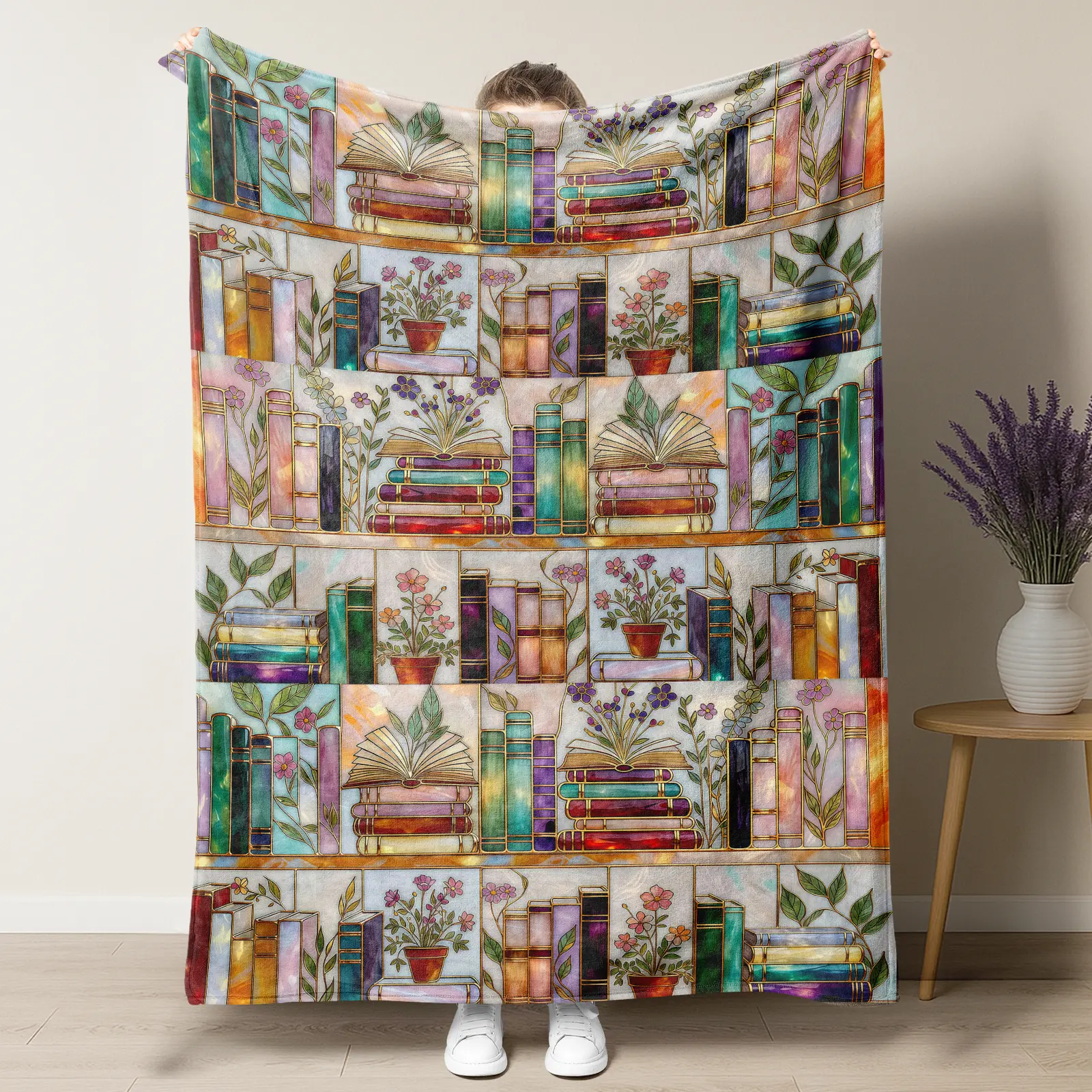 Stained Glass Bookshelf Fleece Throw Blanket - Colorful Library Bookish Blanket for Book Lovers, Cozy Reading Blanket for Couch Bed, Gift for Readers, Librarians