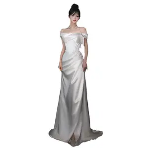 French Off-Shoulder Light Wedding Dress – Bridal Toast Gown, White Engagement Departure Dress, Elegant Banquet Evening Gown