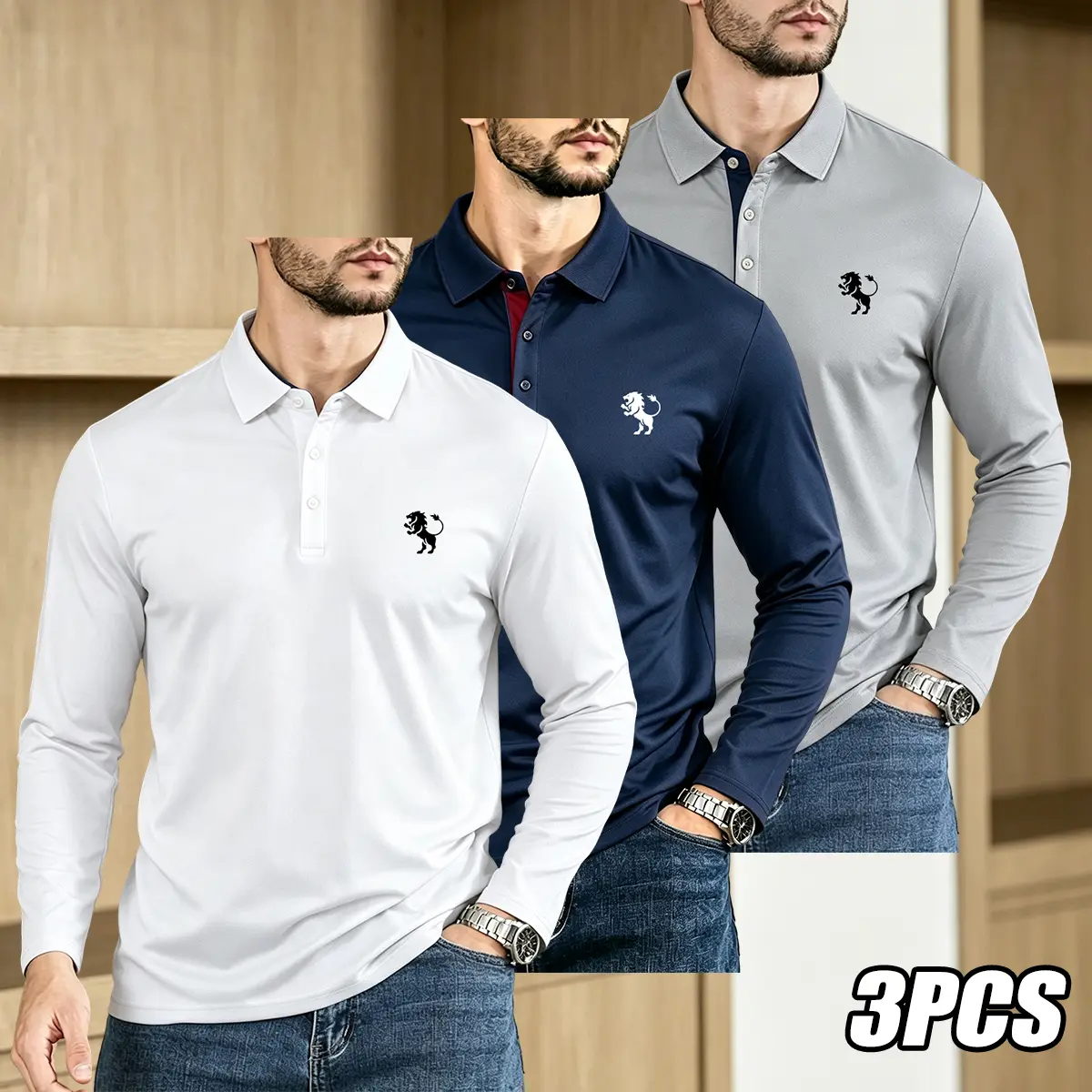 3-pack men’s long-sleeve polo shirts, classic printed polo tops with a turn-down collar, soft, smooth, breathable casual golf shirts, everyday business work long-sleeve T-shirts, buttoned placket, regular fit.