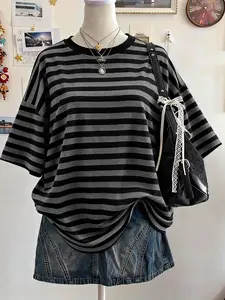 Unisex Vintage Striped Regular T-Shirt, Black Gray Everyday Casual Short Sleeve Top for Women Daily Wear, for Casual and Streetwear