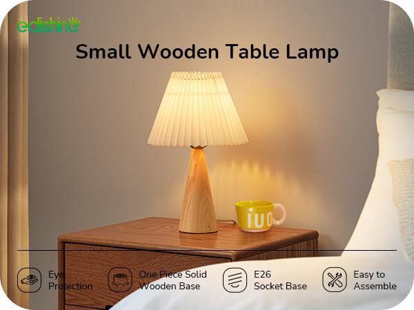 EDISHINE 13.58" Small Table Lamp, with White Pleated Lampshade, ON-OFF Switch, E26 Socket, Burlywood Base-HLTL15E