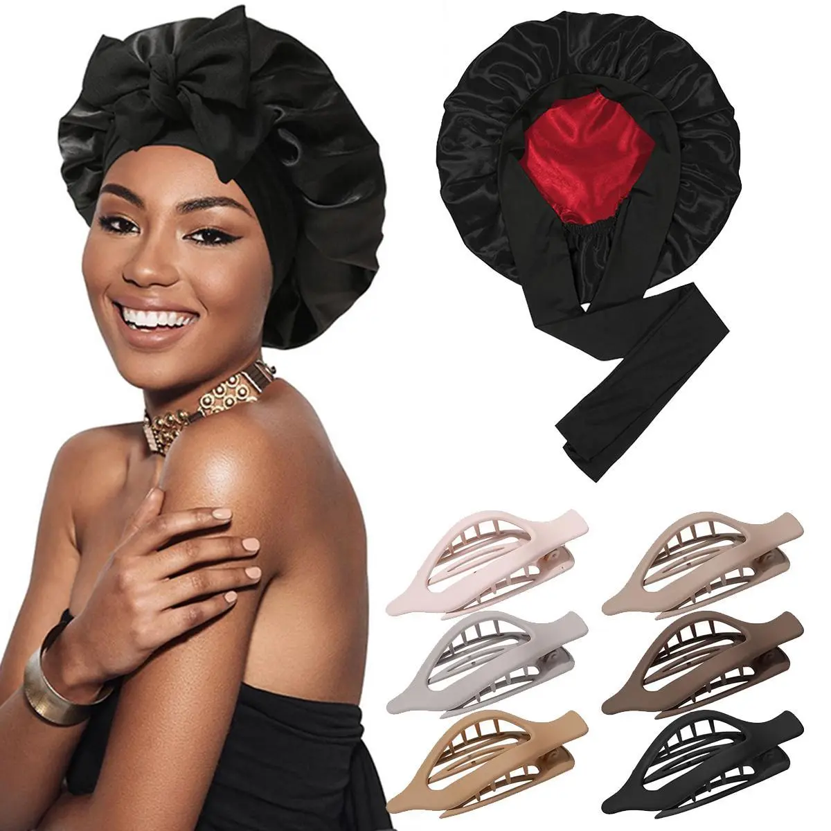 AWAYTR Double Layer Satin Haircare Bonnet & Plastic Hair Clips Set - Heatless, Elastic, Lightweight Reversible Cap with Adjustable Band, 6 Flat Concord Clips for Yoga, Travel, Frizz Control, Moisturizing, Polyester, Bonnet+Hair Clips Set