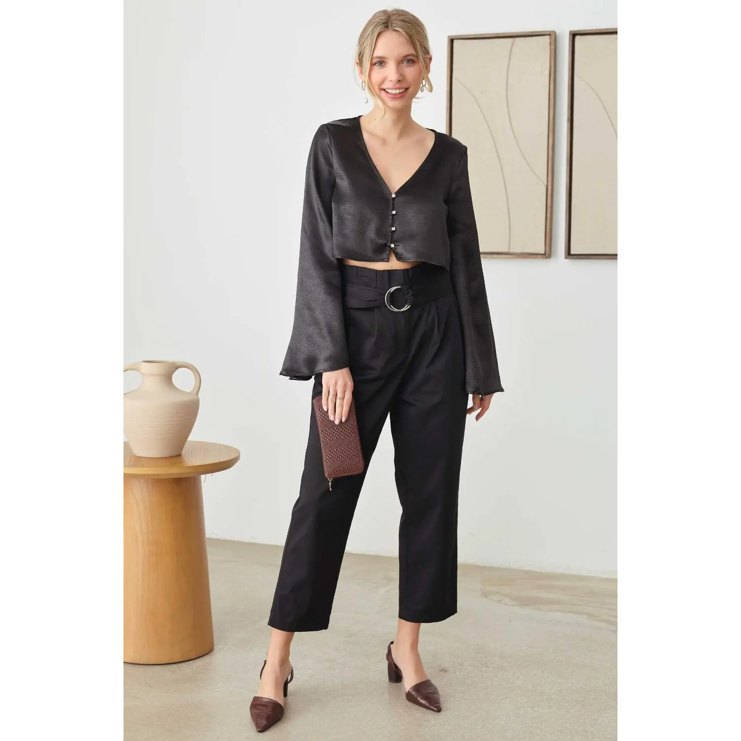 Tasha Apparel Satin Rhinestone Buttons Closure Crop Top