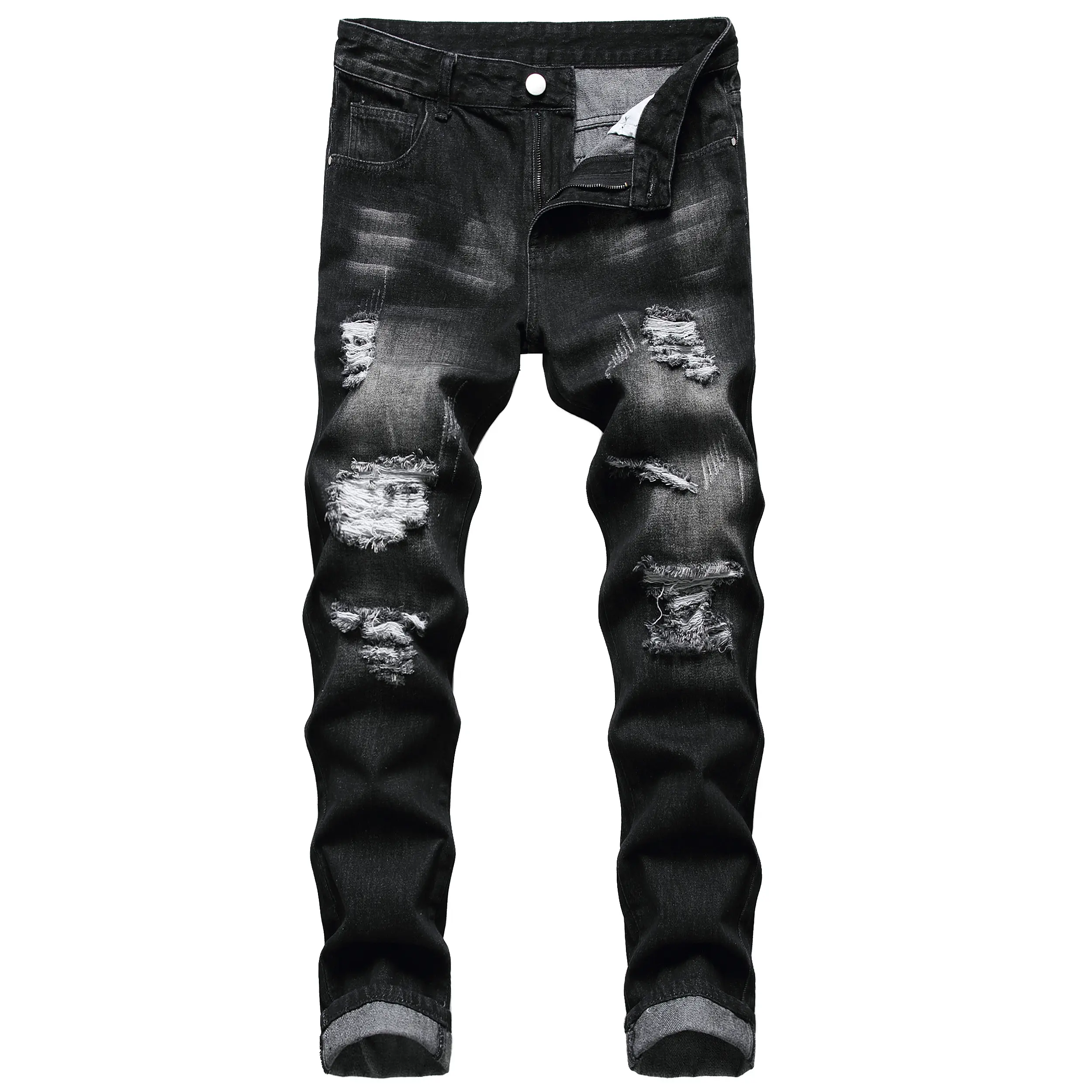 Men's Ripped Denim Pants - Menswear Clothes Trouser, Slim-Fit 90s Straight Leg Distressed Jeans, Acid-Washed Destroyed Style, 90S Straight Leg Distressed Men's Jeans, Acid-Washed Distressed Men's Jeans