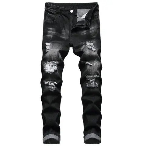 Men's Ripped Acid-Washed Blue Denim Jeans - Slim-Fit 90s Straight Leg Casual Button Basic Streetwear Clothing, Grunge Retro Distressed Vintage All-Seasons Menswear Bottoms (Ideal for Halloween, Easter)