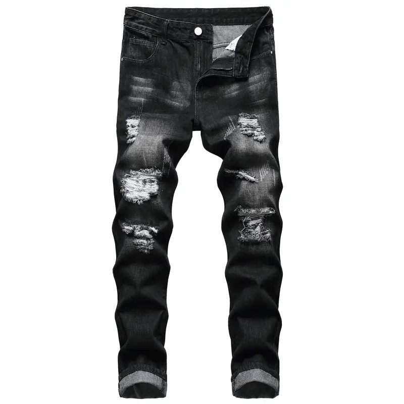 Men's Ripped Acid-Washed Blue Denim Jeans - Slim-Fit 90s Straight Leg Casual Button Basic Streetwear Clothing, Grunge Retro Distressed Vintage All-Seasons Menswear Bottoms (Ideal for Halloween, Easter)