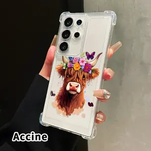 Phone Case for Samsung Galaxy S25 S24 S23 Plus FE S22 Ultra Floral Highland Cow Pattern  Four Corner Airbag Anti-Collision Protection Smartphone Transparent Anti-Yellowing Cover