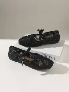 Bow Lace Petal Fabric Shoes, Casual Summer Sandals, Breathable Soft Sole, Open Toe Flat Heels, Women's Fashion Footwear