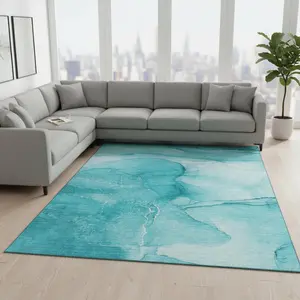 HomeRoots 646887 Dual-Color Teal & Ivory Abstract Transitional Area Rug, 9x12 ft. Machine-Made Rectangle, Washable with UV Protection, Dual-Color Area Rugs