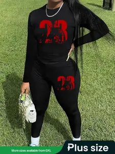 【Plus Size】 Two-Piece Set Number Print Long Sleeve Tee & Skinny Pants, Casual Round Neck Top & Trousers for Daily Wear, Women's Two-piece Outfits for Fall & Winter, Womenswear Clothes