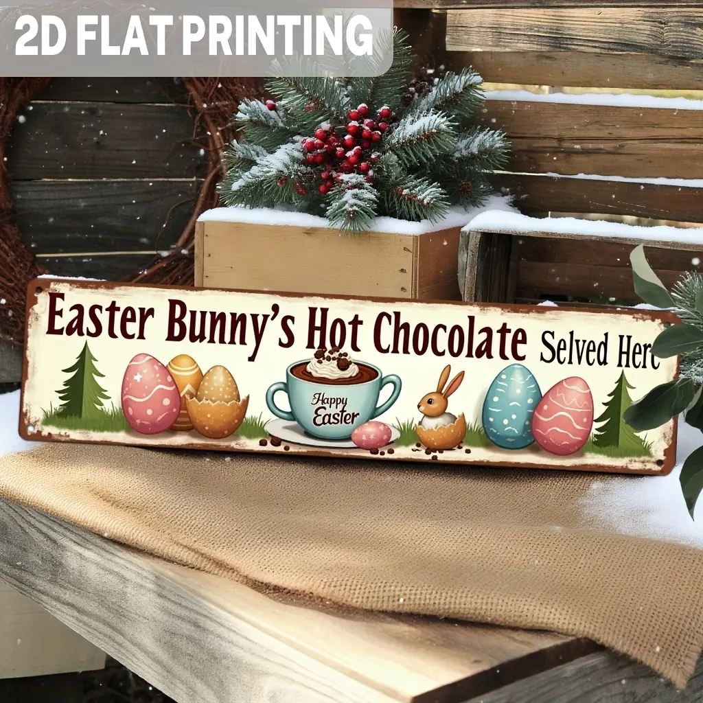 2D Vintage Rustic Iron-Metal Wall Sign - English Decorative Easter Bunny Hot Chocolate Plaque, Casual Wardrobe Complement, Contemporary Indoor Decor for Daily Use in Kitchen, Study