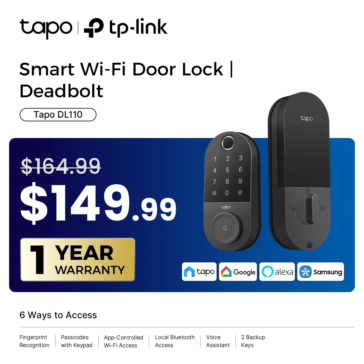 TP-Link & Tapo DL110 Smart Door Lock｜6 Ways Unlock｜1-Yr Battery｜IP65 Stormproof｜Built-in Doorbell｜Scheduled Access｜BHMA Grade 2