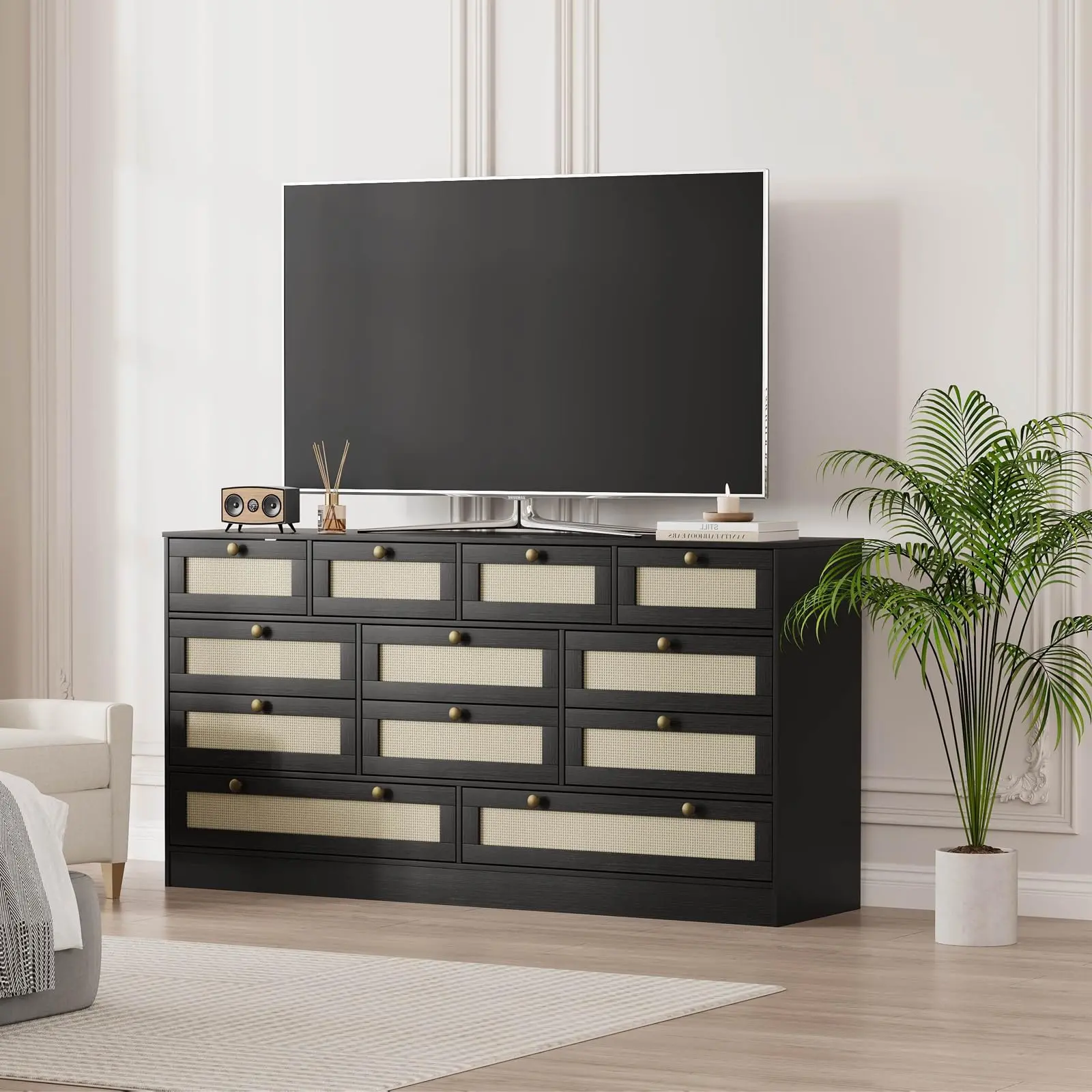 Garvee 12 Drawer Wooden Dresser for Bedroom, Closet, Living Room, Hallway - 61 Inch Wide Modern Chest of Drawers and TV Stand for 65 Inch TV, Suitable for Adults and Kids