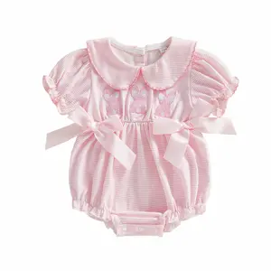 Baby Girls Stripe Romper Bunny Embroidery Short Sleeve Doll Collar Bubble Jumpsuit