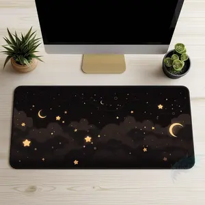 Whimsy Dream Star Desk Mat, Gothic Moon Cloud Mousepad, Black Gold Celestial Witchy Gift