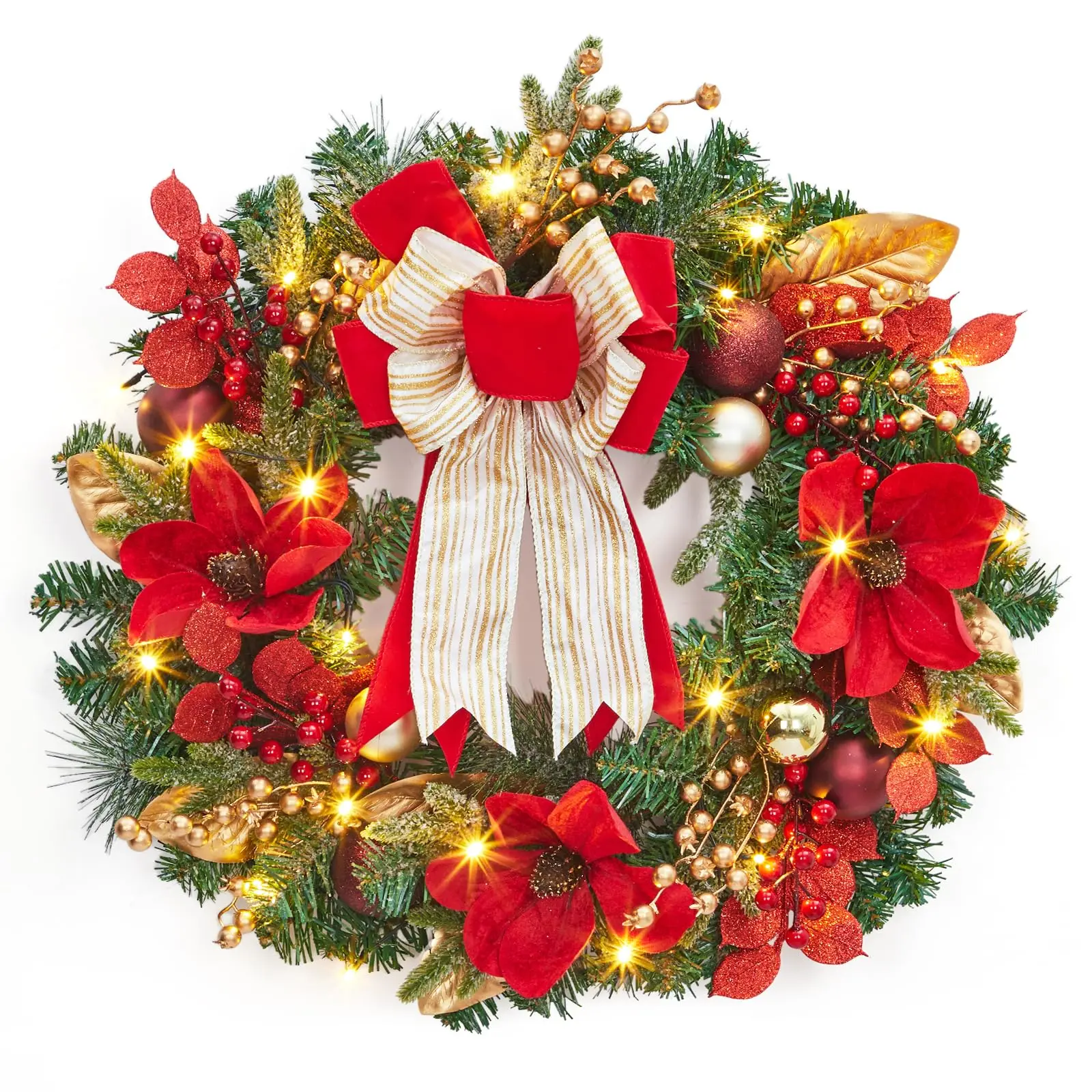 Christmas Wreath, 24'' Artificial Pre-Lit Christmas Wreaths for Front Door with 20 LED Lights & 8 Modes, Pine Needles & Red Berries, Accent Decor
