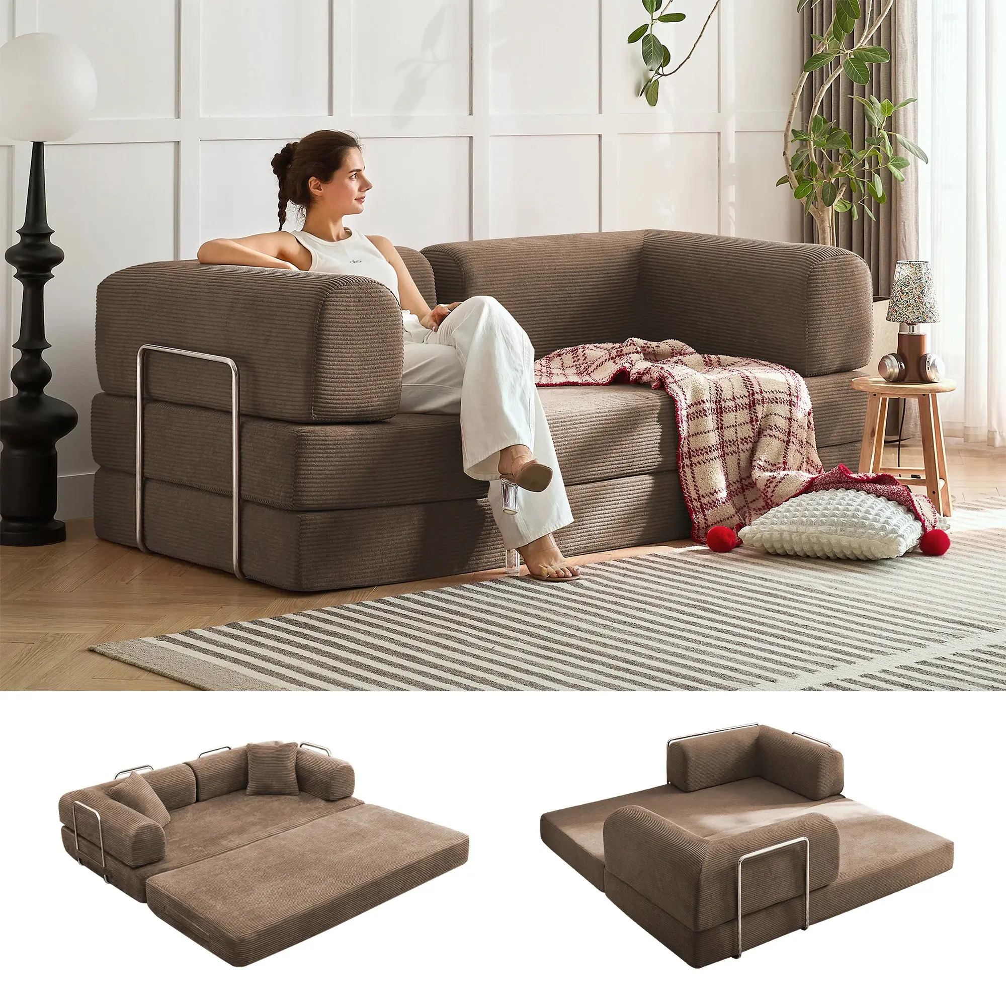 Oversized Convertible Corduroye L Foam Sofa Bed - Sectional Plush Chaisounge with Memory Foam, Compressed-in-a-Box Multi-Functional Boneless Modern Sofa Furniture for Living Room