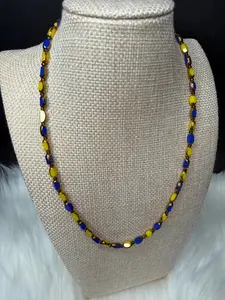 Gilded Facet Oval Bead Necklace Blueberry Limoncello 16" Electroplated Gold Trim Glossy Lightweight Statement Layering Jewelry