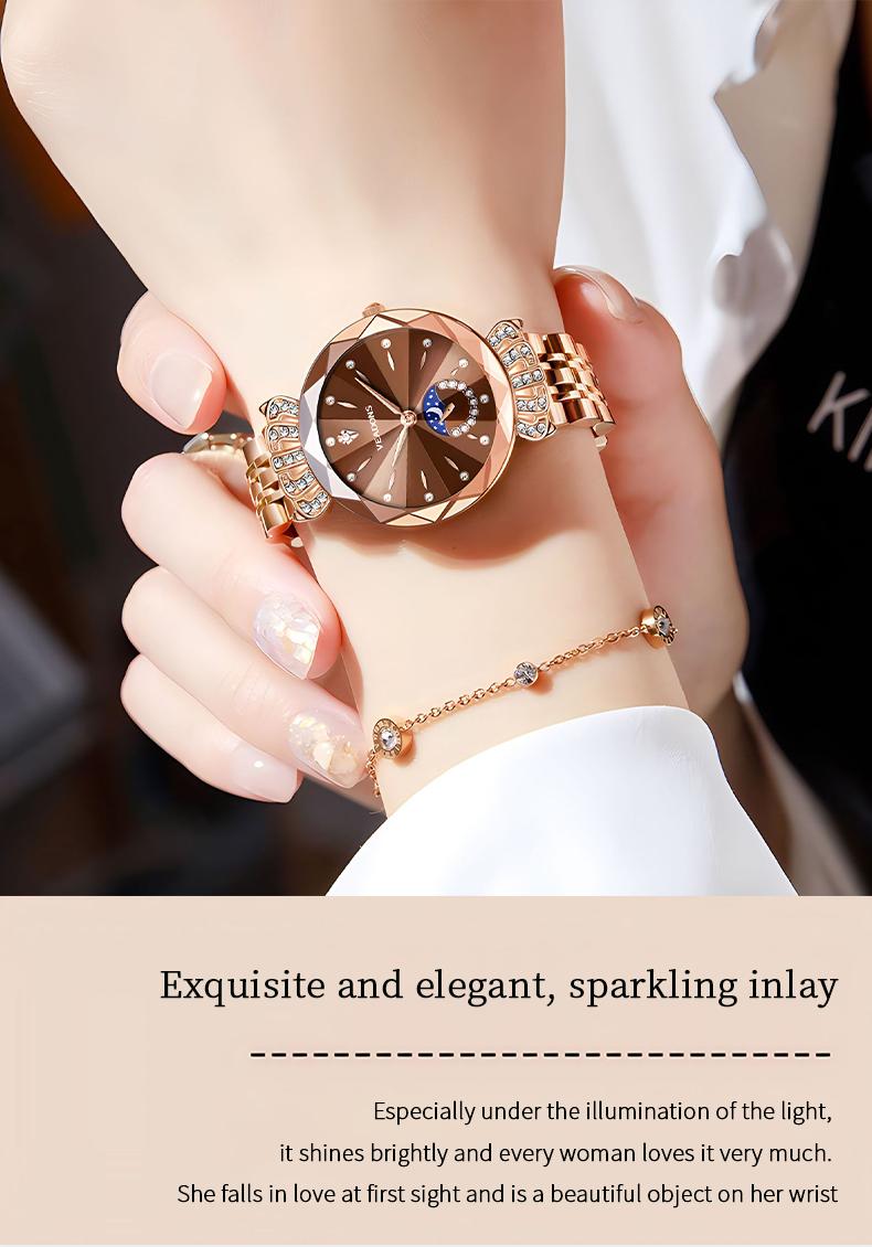 Ludmila Luxury Women's Jewelry Watch Diamond Cut Crystal Stainless Steel Waterproof Moon Star Sun Design Elegant Wristwatch Anniversary Gift for Her