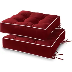 Outdoor Chair Cushions Set of 2, Tufted Patio Chair Cushions with Ties, Square Corner Outdoor Cushions for Patio Furniture, Lawn Chairs, Wicker Chairs, 19" x 19" x 5", Burgundy