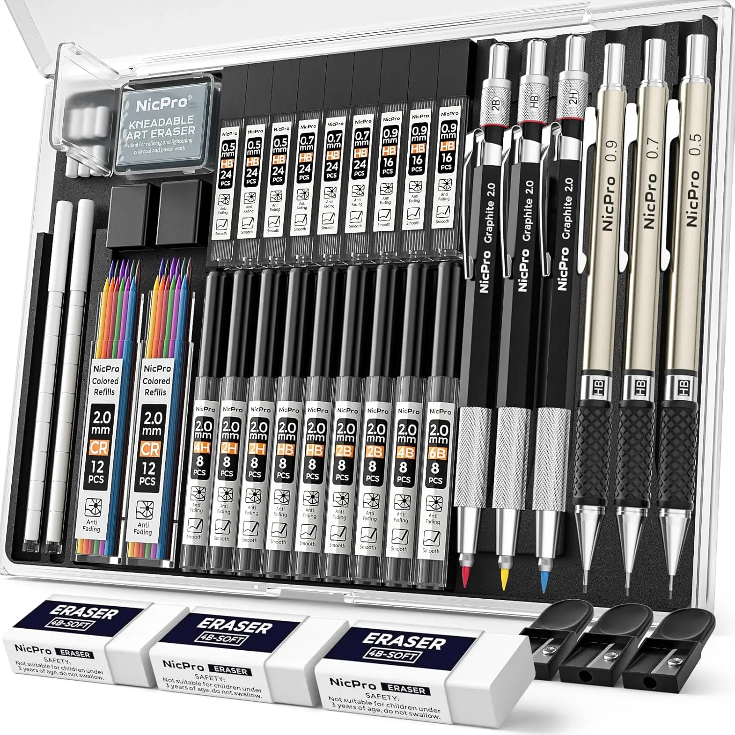 Nicpro 35PCS Art Mechanical Pencil Set, 3 PCS Metal Drafting Pencil | 0.5 & 0.7 & 0.9mm & 3 PCS 2mm Lead Holder (6B 4B 2B HB 2H 4H Colors) For Sketching Drawing With 20 Tube Lead Refills Case