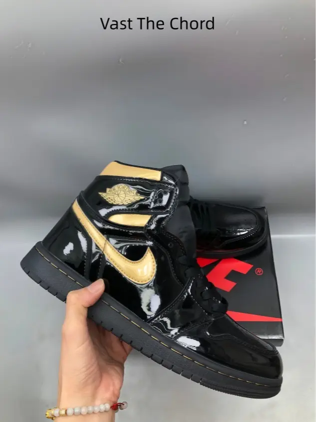 Reflective Patent Leather Accented High Top Street Sneakers, Black Cream Gold Gloss Panel Shoes, Anti-slip Outsoles for Weekend City Wandering