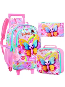3PCS Kids Rolling Backpack, Girls Roller Wheels Bookbag, Wheeled Elementary School Bag with Lunch Bag - Butterfly