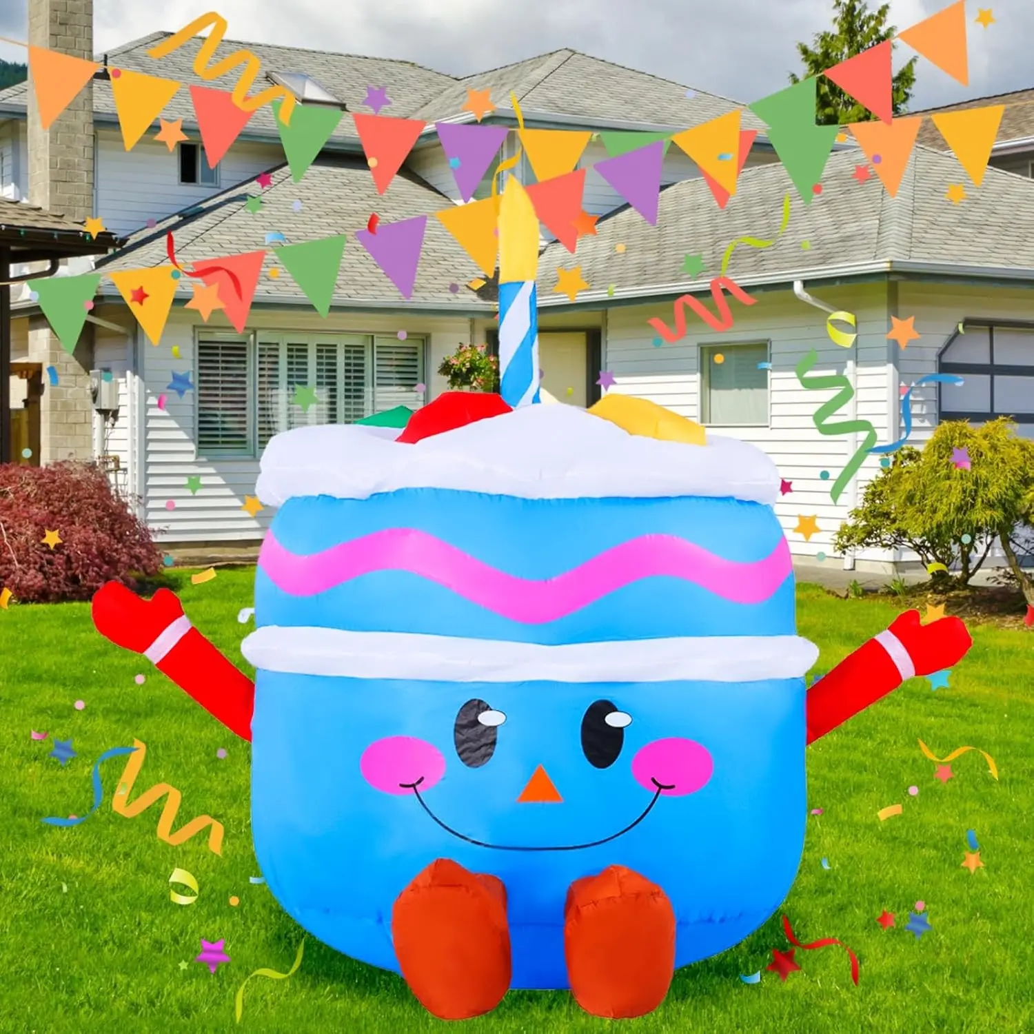 4.3Ft Cute Inflatable Cake Outdoor Decoration, Mirthful Cake Doll with Arm & Leg Blow Up Birthday Party Event Indoor Garden Lawn Yard Inflatables Decor, Blue