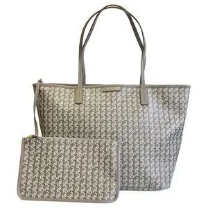 Tory Burch Coated Canvas Tote Bag With Vintage Print For Women In Gray-Black