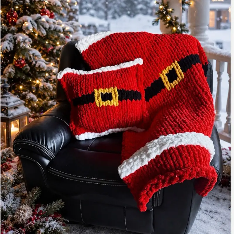 Christmas Chunky Blanket Set, Holiday Decorative Linens for Family Use, Machine-Washable Textile Blanket