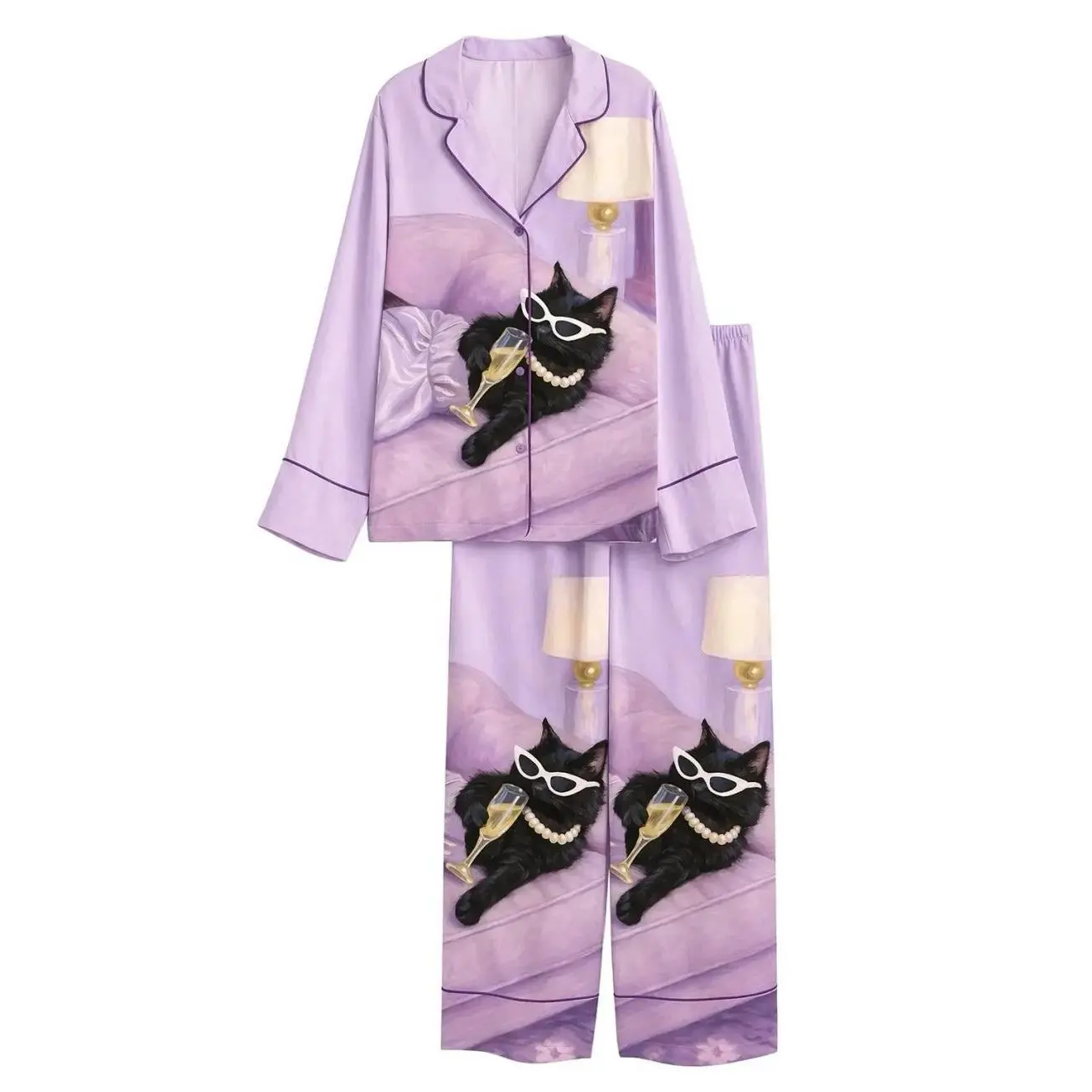Cat Print Pajama Set, Women's Sleepwear Lounge Pajamas DQ6