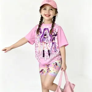 Girls' 2-Piece K-Pop Demon Hunters Anime Print Milk Silk Acrylic Pajama Set - Short Sleeve Top, Heart Print Tight Shorts, Ultra Soft Stretchy Breathable Kids' Home Loungewear