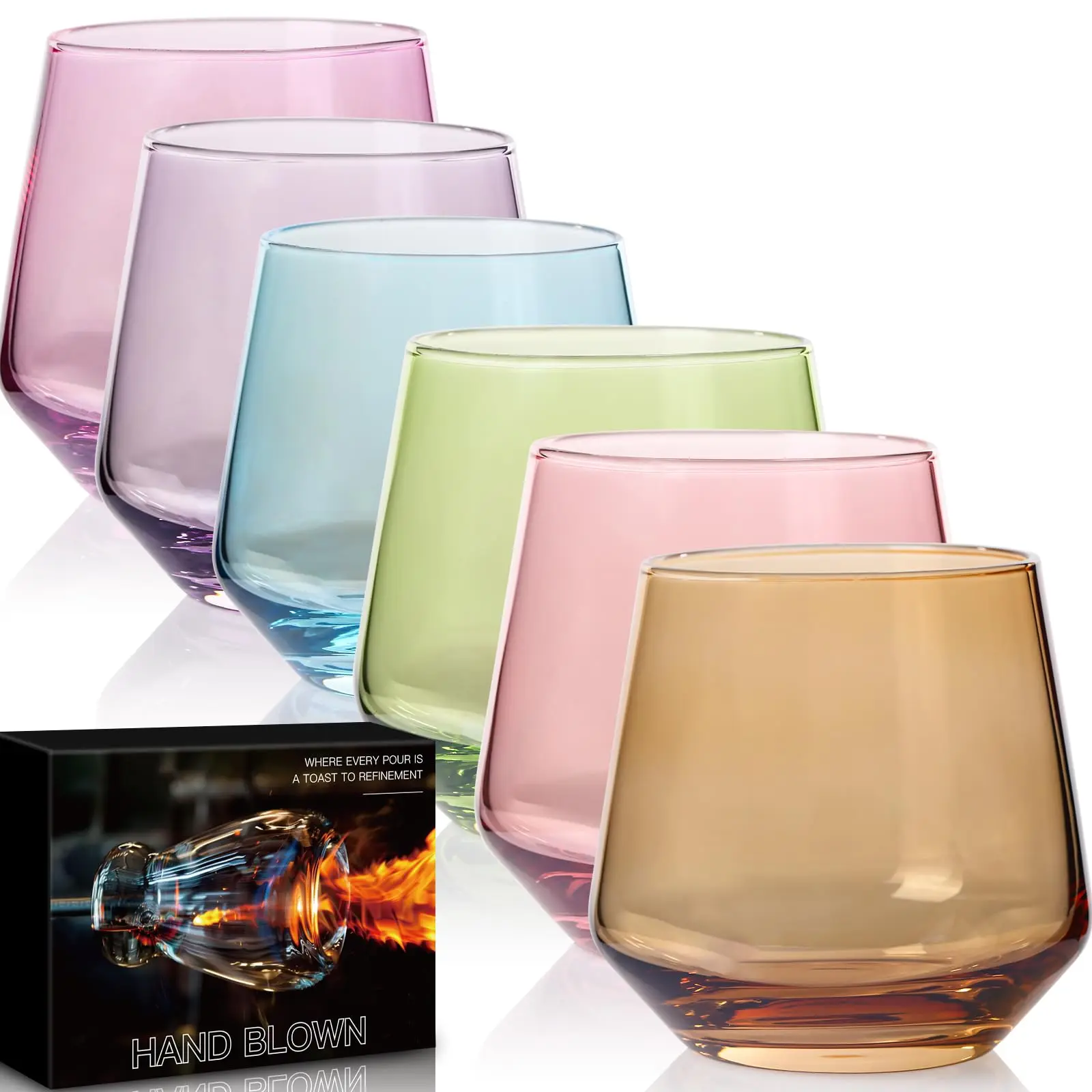 Physkoa Assorted Colored Stemless Premium Glassware Set - 6 Diamond Shape Short Tumblers (0-500 ml) - Decorative Drinkware for Table, Christmas Celebrations