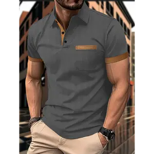 Men'S Summer Casual Polo Shirt with Chest Pocket & Button- Collar Trim - Beige & White Two-Tone Design, Short Sleeve, Medium Stretch Fabric for Golf, Business Casual, Date Night & Everyday Wear, Golf Attire, Sleek Appearance, Comfortable Fi