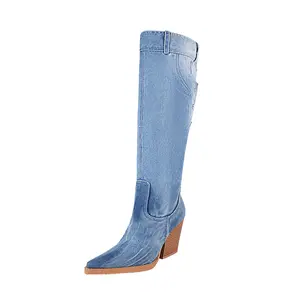 vivianly Women Denim Knee High Boots Pointy Toe Chunky Stacked Heel Cowgirl Boot