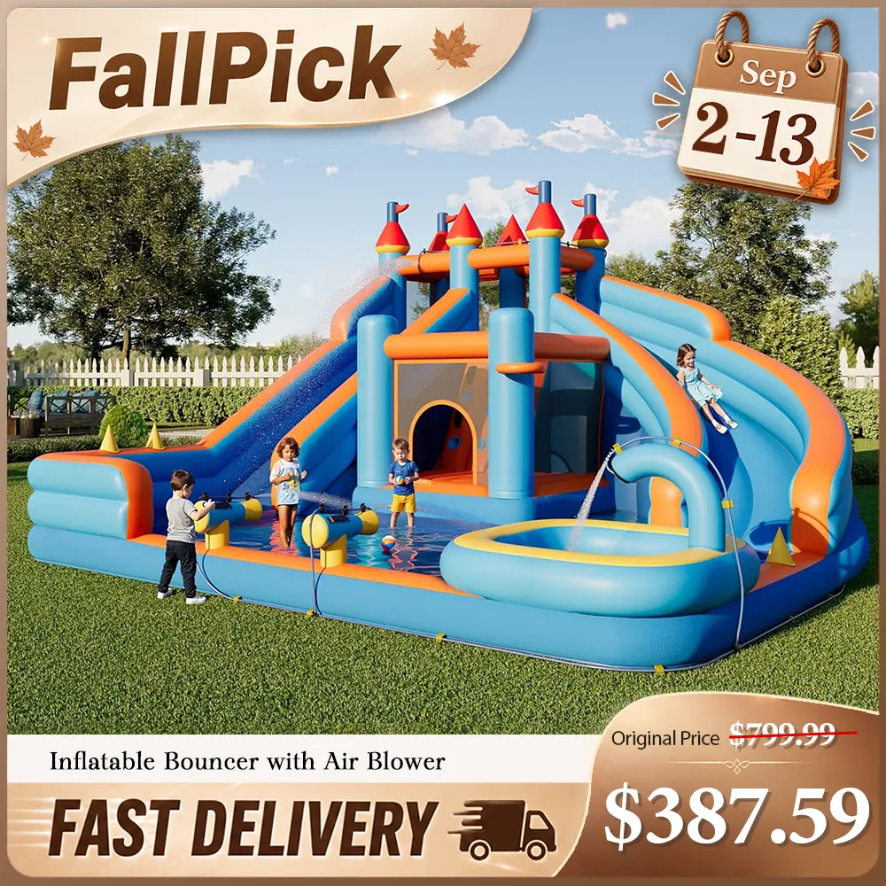 【Clearance】Vanacc Inflatable Bounce House, Water Slide with Jumping Area, Climbing Wall and Splash Pool, Indoor Outdoor Jumper for Big Children, Air Blower Included,Mother's Day Gifts #SohoChic