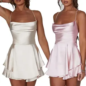 Women’s Fashionable Solid-Color Suspender Dress, High Neck, Sleeveless, Short Length, Cross-Tie at Back, Backless Design, Simple Style, Available in White and Red